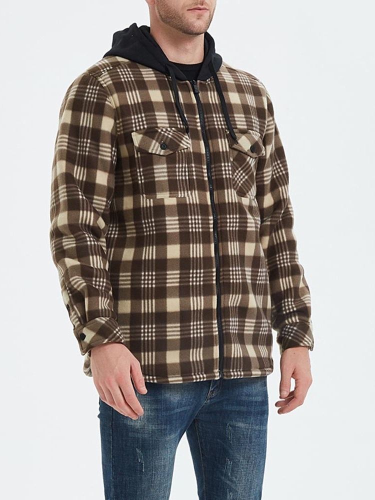 Patchwork Hooded Plaid Zipper Loose Herrjacka