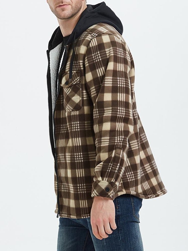 Patchwork Hooded Plaid Zipper Loose Herrjacka