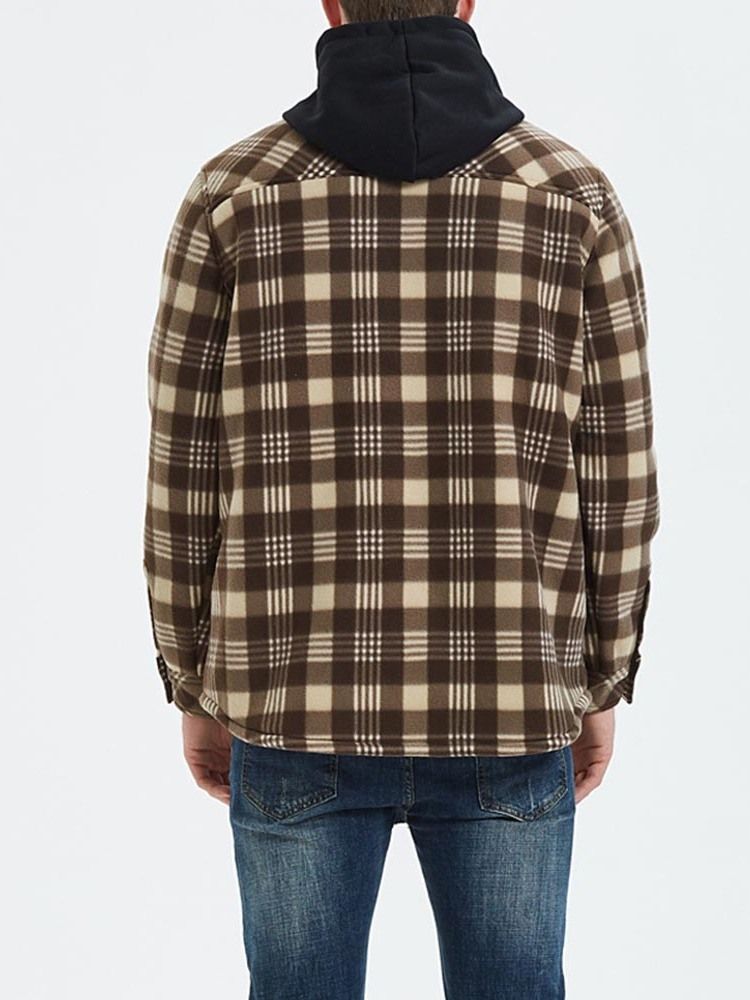 Patchwork Hooded Plaid Zipper Loose Herrjacka