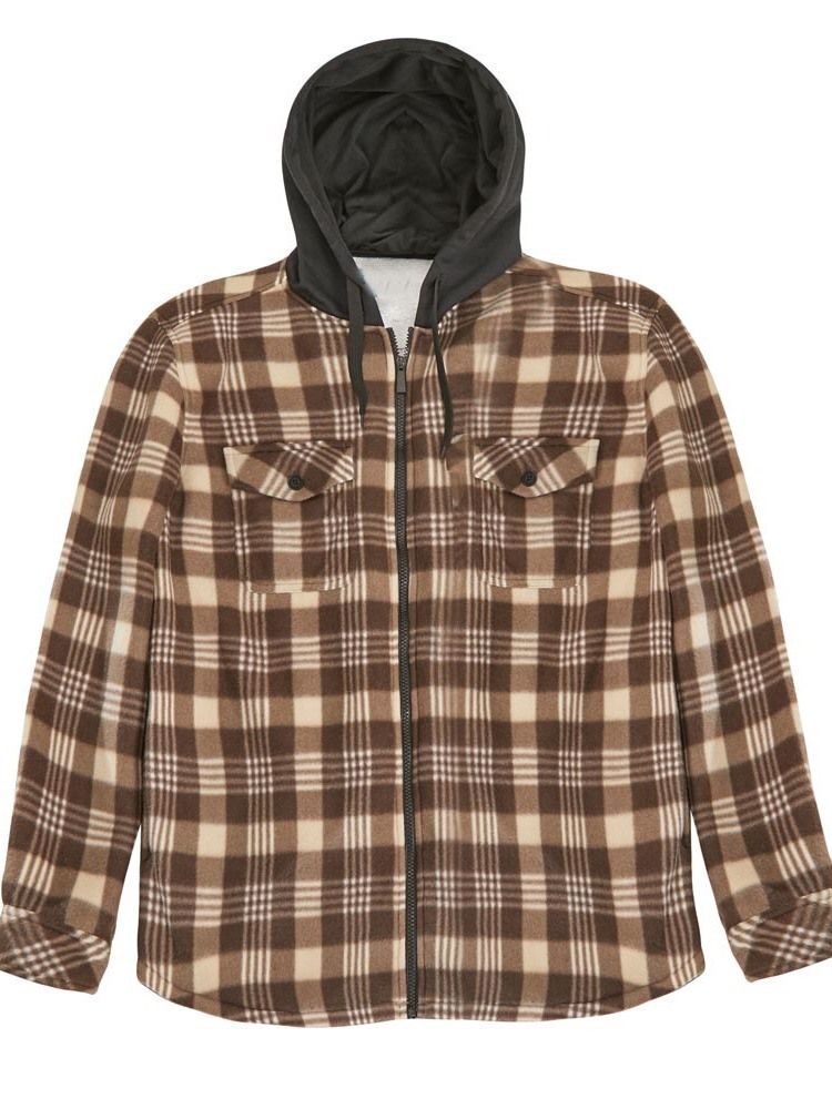 Patchwork Hooded Plaid Zipper Loose Herrjacka