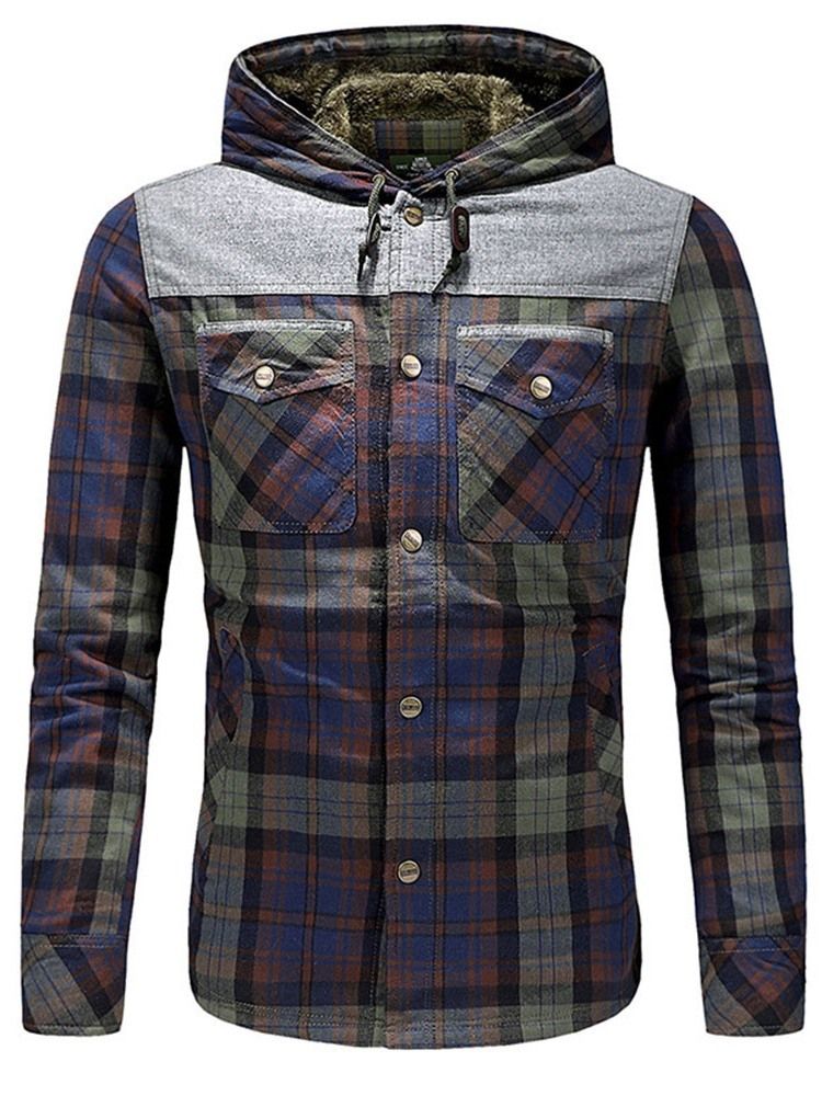 Plaid Fleece Patchwork Winter Casual Jacka För Män