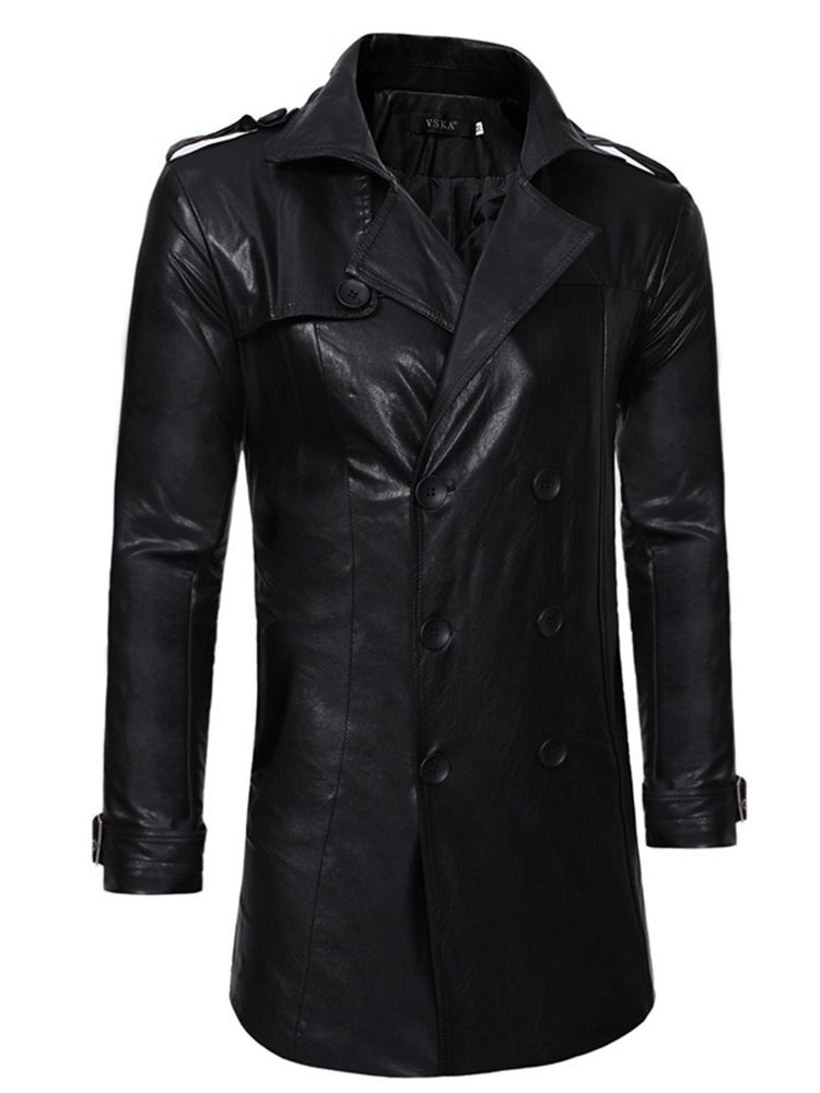 Plain Double-breasted Mid-length Mens Leather Jacket