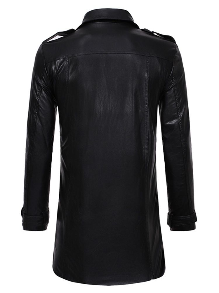 Plain Double-breasted Mid-length Mens Leather Jacket