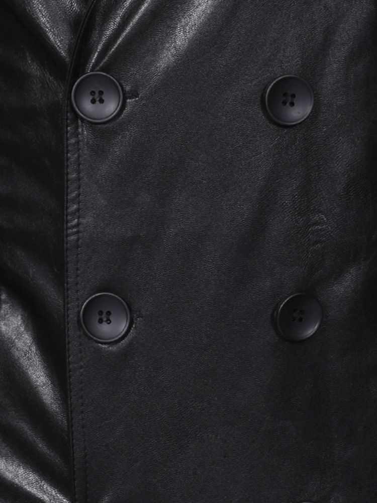 Plain Double-breasted Mid-length Mens Leather Jacket