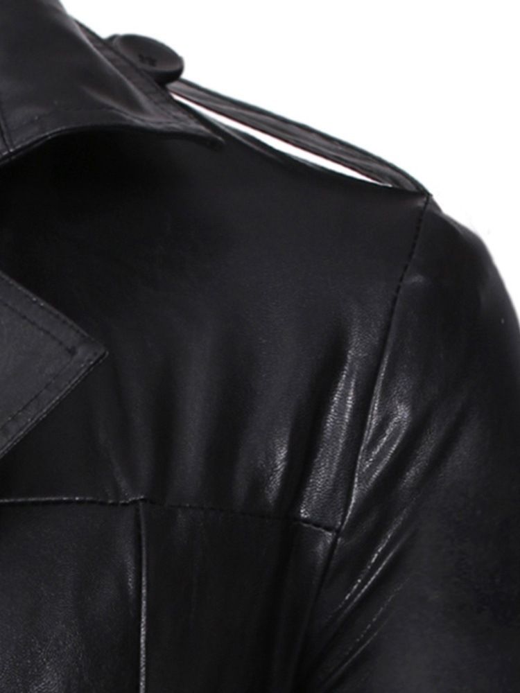 Plain Double-breasted Mid-length Mens Leather Jacket