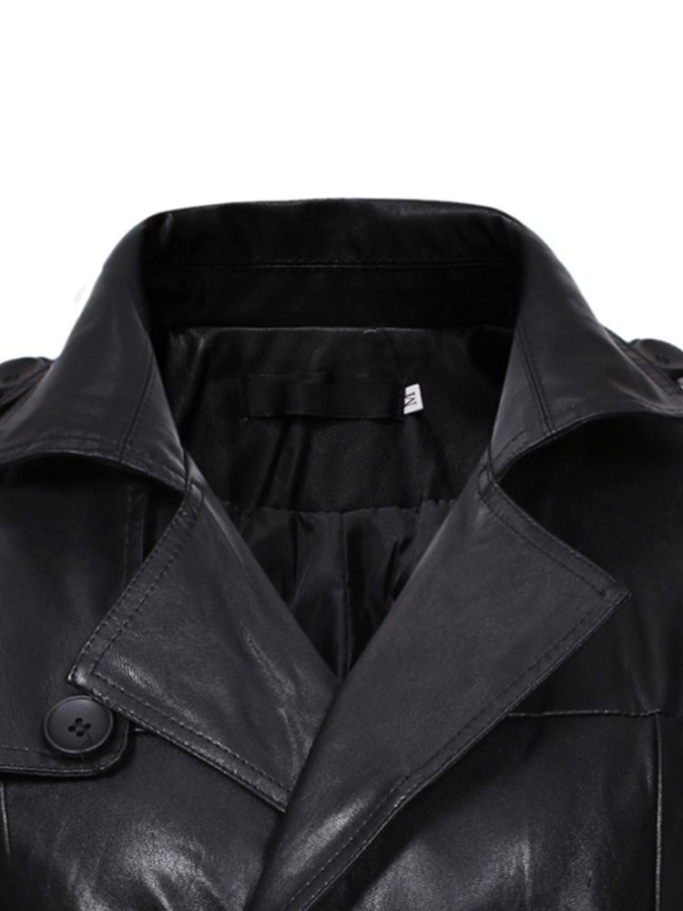 Plain Double-breasted Mid-length Mens Leather Jacket