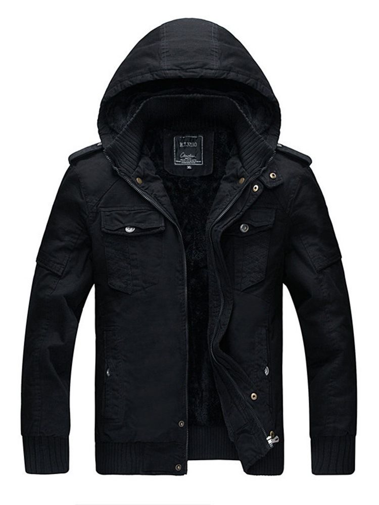 Plain Removable Hooded Zipper Mens Winter Casual Jacket Coats