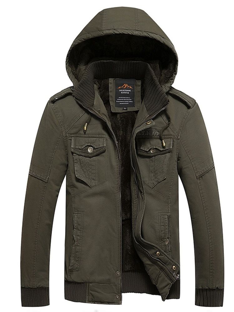 Plain Removable Hooded Zipper Mens Winter Casual Jacket Coats