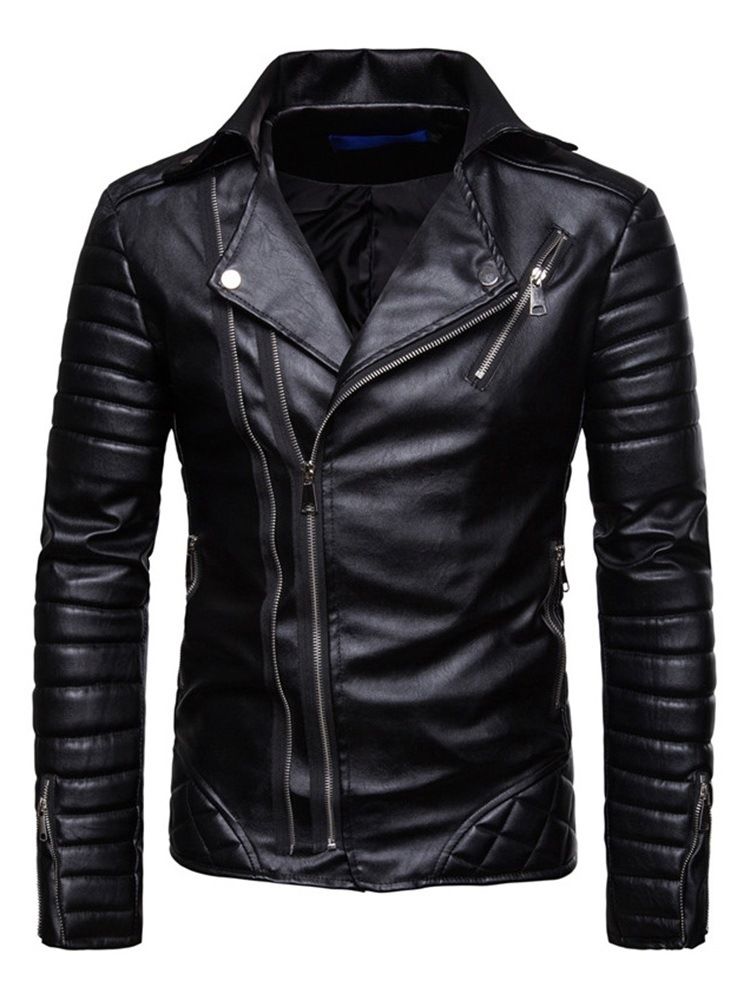 Slim Lapel Plain Pleated Mens Pu Jacket