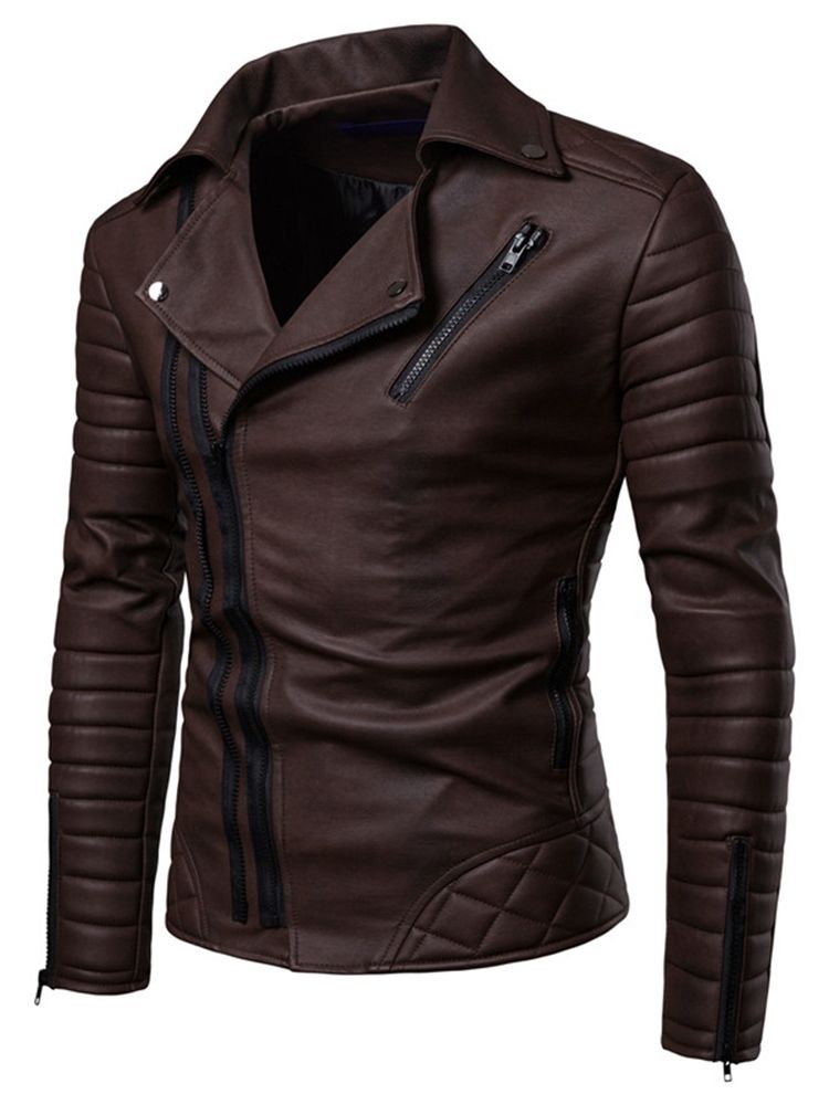 Slim Lapel Plain Pleated Mens Pu Jacket