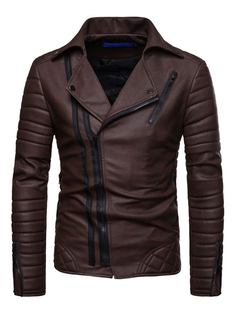 Slim Lapel Plain Pleated Mens Pu Jacket