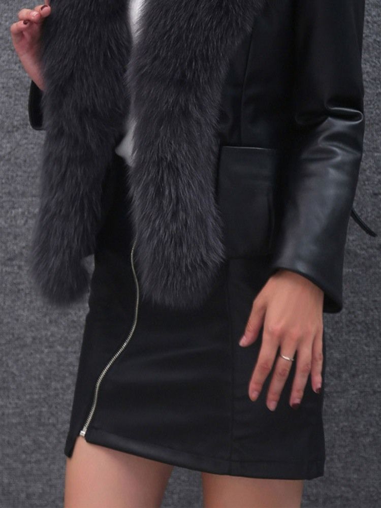 Slim Standard Faux Fur Pu-jacka För Kvinnor