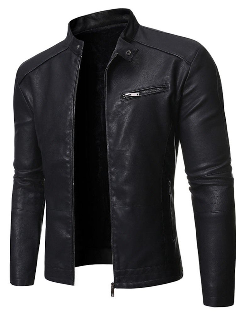 Stand Collar Plain Standard Slim Zipper Leather Jacket För Män