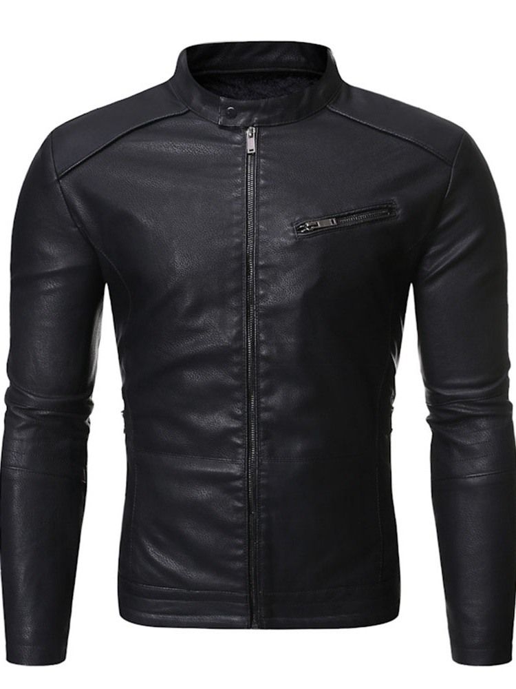 Stand Collar Plain Standard Slim Zipper Leather Jacket För Män