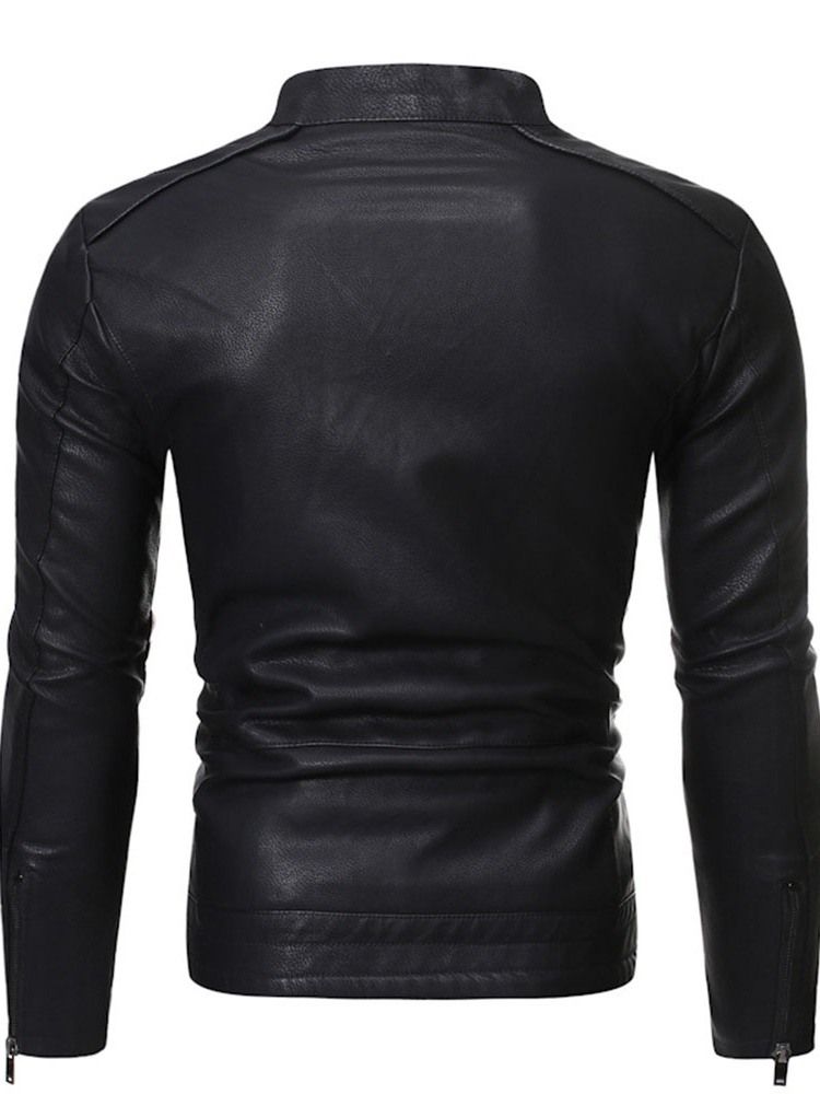 Stand Collar Plain Standard Slim Zipper Leather Jacket För Män