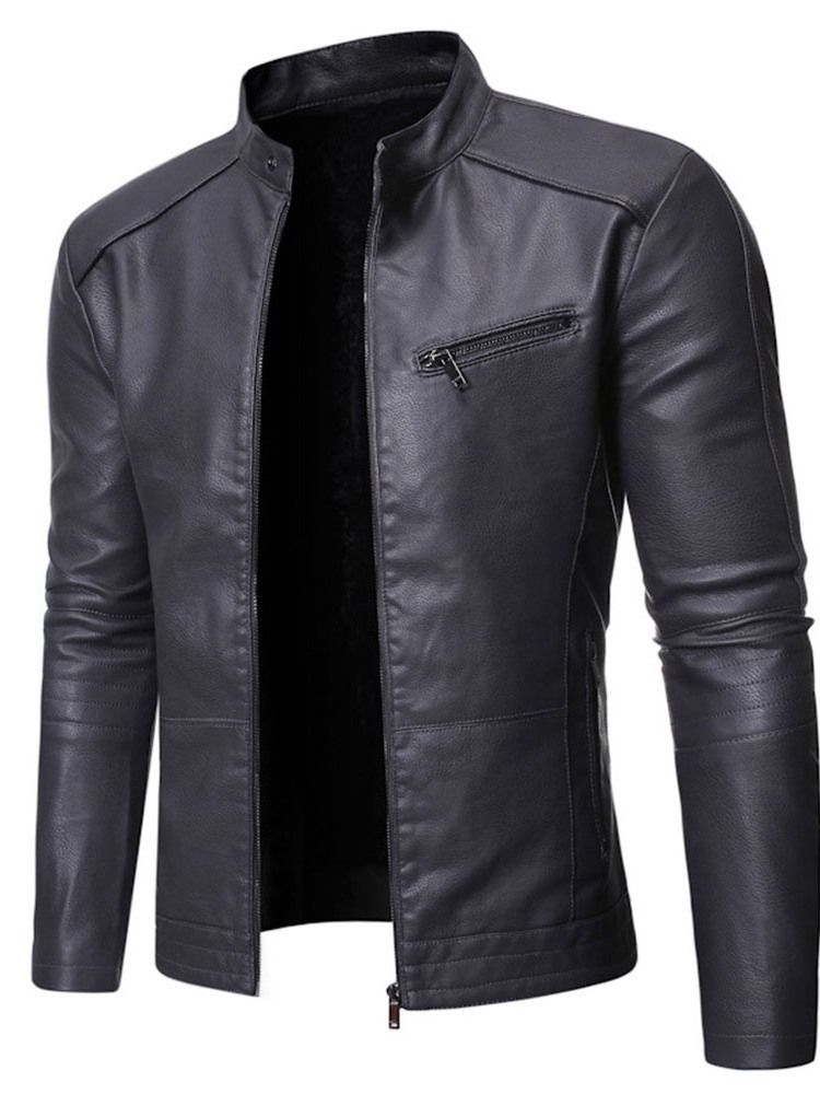 Stand Collar Plain Standard Slim Zipper Leather Jacket För Män