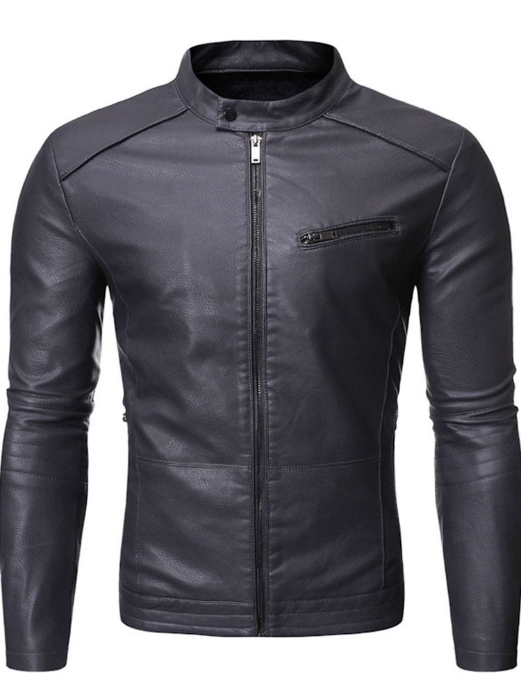 Stand Collar Plain Standard Slim Zipper Leather Jacket För Män