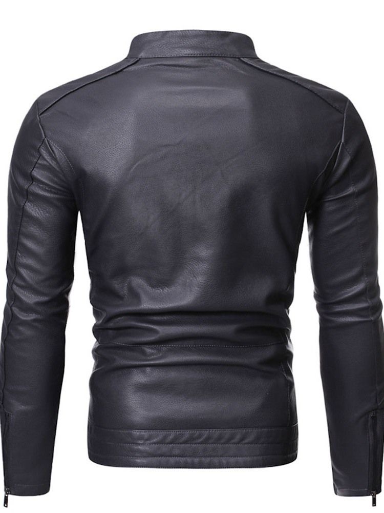 Stand Collar Plain Standard Slim Zipper Leather Jacket För Män