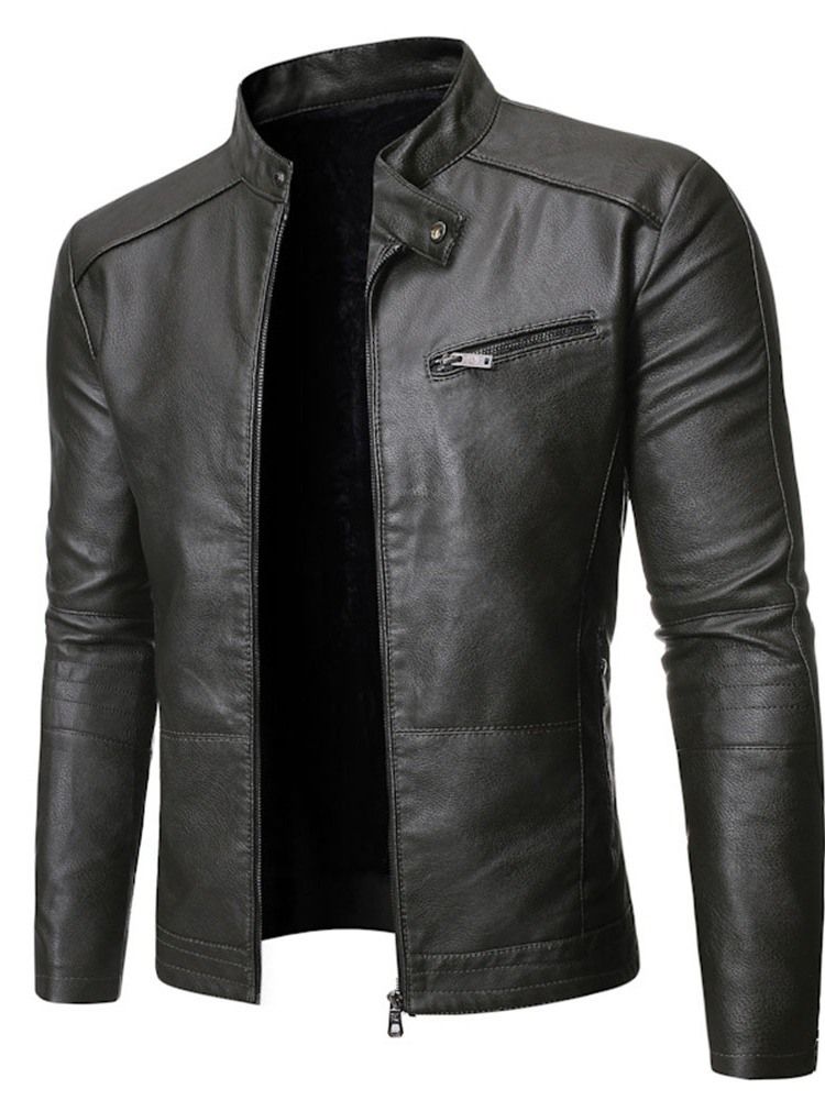 Stand Collar Plain Standard Slim Zipper Leather Jacket För Män