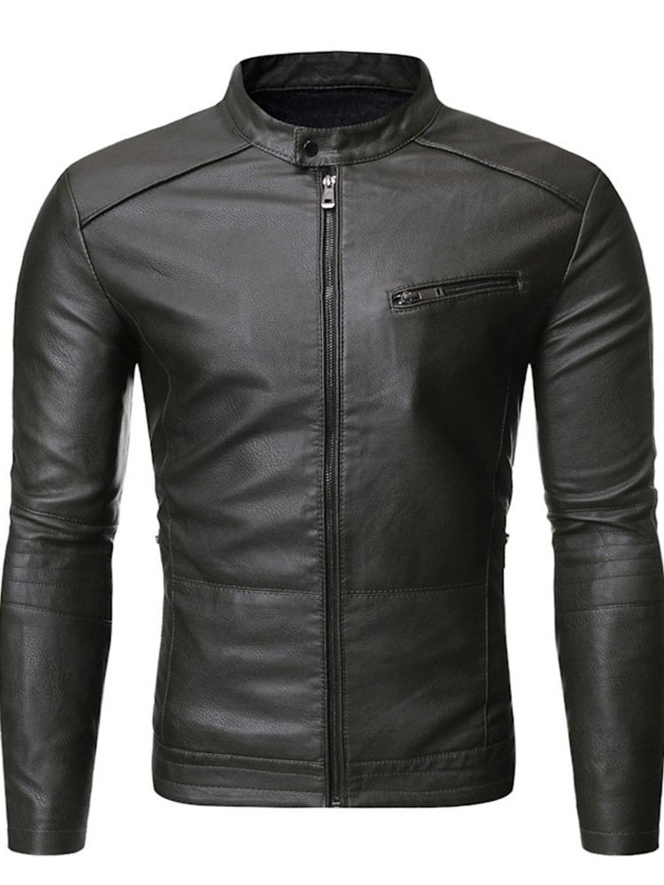 Stand Collar Plain Standard Slim Zipper Leather Jacket För Män