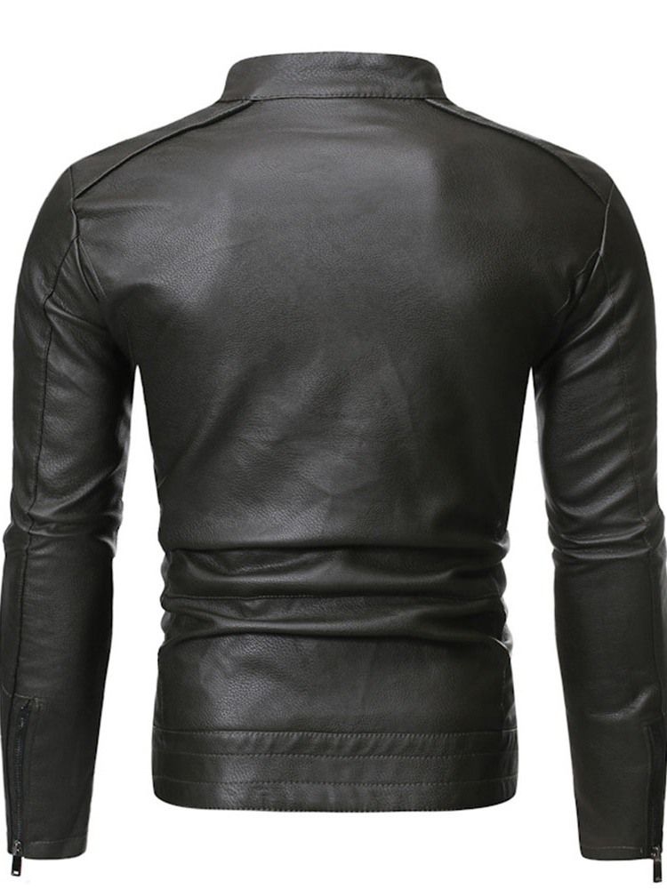 Stand Collar Plain Standard Slim Zipper Leather Jacket För Män