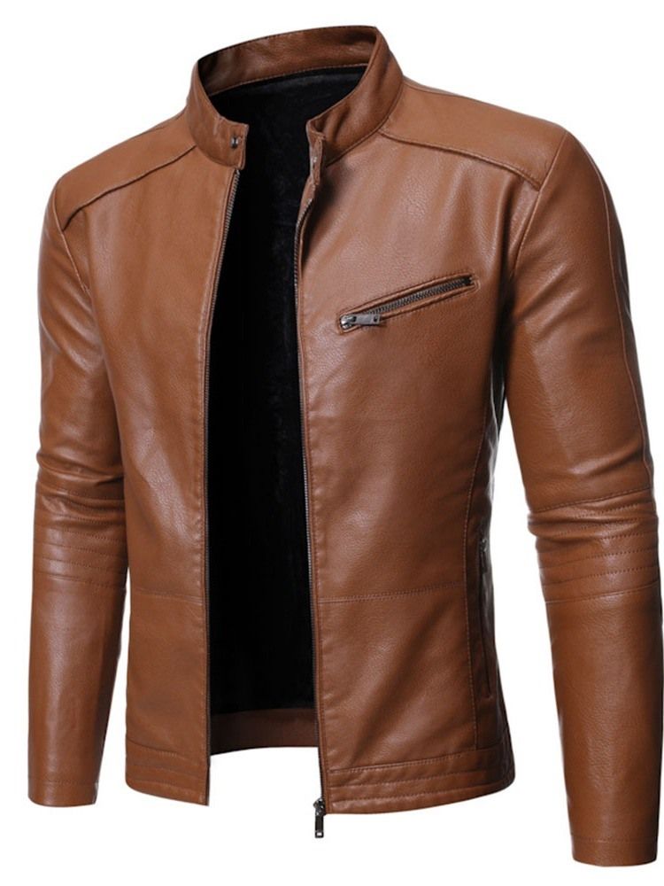 Stand Collar Plain Standard Slim Zipper Leather Jacket För Män