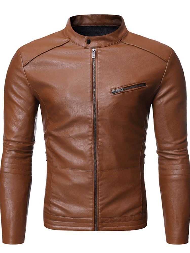 Stand Collar Plain Standard Slim Zipper Leather Jacket För Män