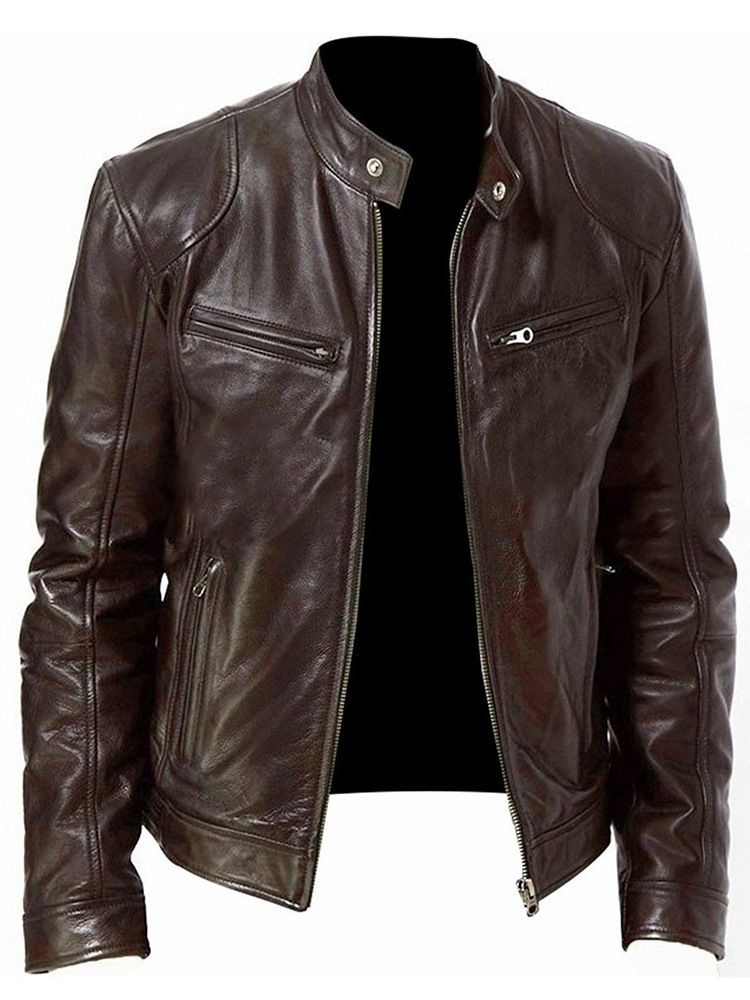 Stand Collar Plain Standard Zipper Casual Leather Jacka För Män