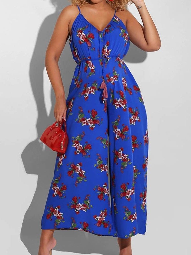 Ankellängd Floral Casual Loose Women's Jumpsuit