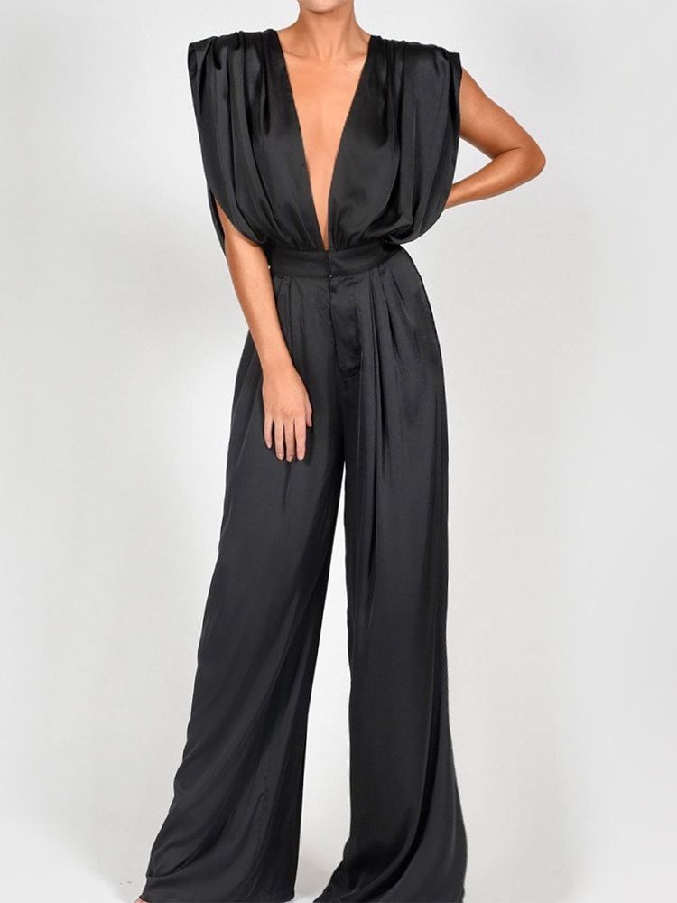 Backless Full Längd Plain High Waist Loose Women's Jumpsuit