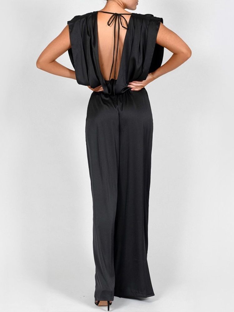 Backless Full Längd Plain High Waist Loose Women's Jumpsuit