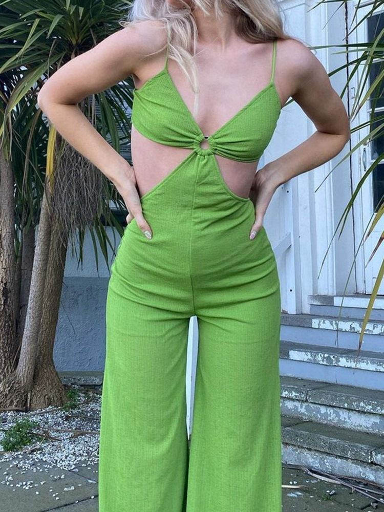 Backless Full Length Plain Slim Women's Jumpsuit Med Vidben