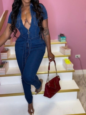 Dam Mode Casual Sexig Denim Jumpsuit Office Lady Full Length Plain Slim Pencil Pants