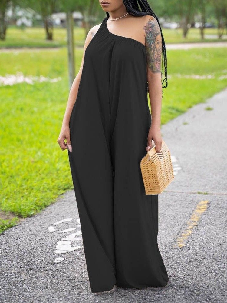 Full Längd Casual Plain Loose Wide Legs Jumpsuit För Kvinnor