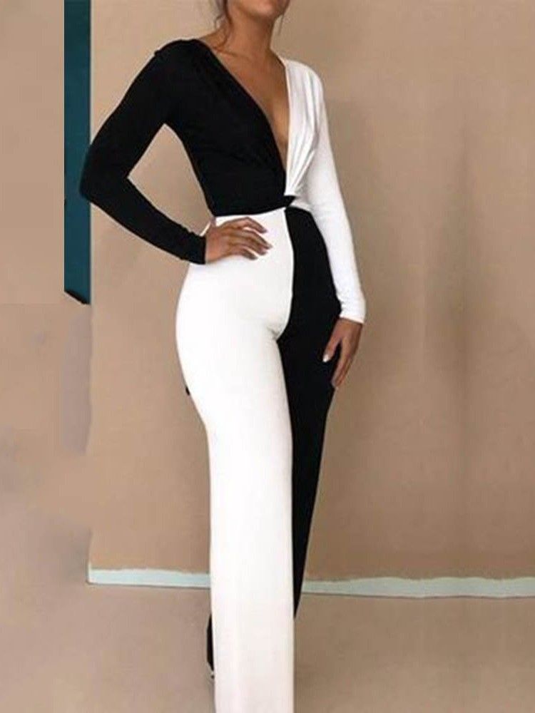 Full Längd Color Block Office Lady Slim Wide Legs Jumpsuit För Kvinnor