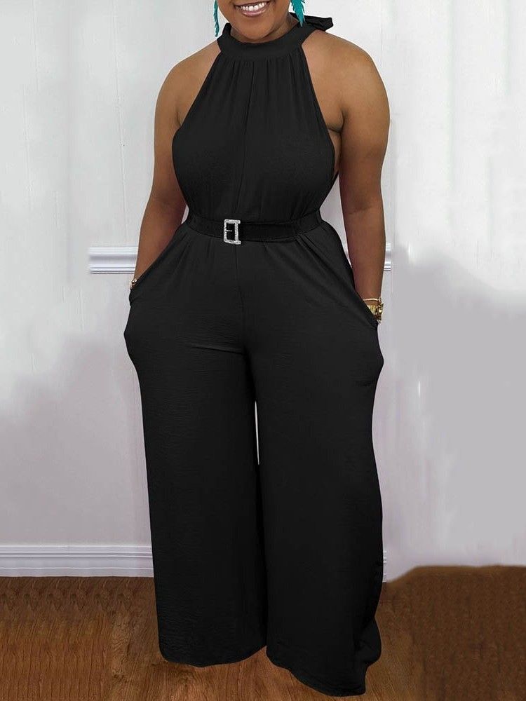 Full Längd Pocket Plain Slim Straight Jumpsuit För Kvinnor