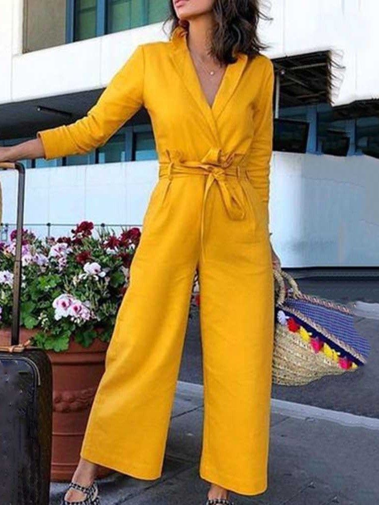 Plain Ankle Length Office Lady Straight Women's Slim Jumpsuit