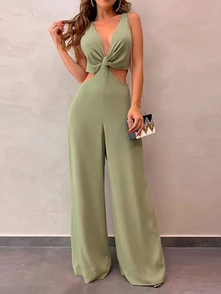 Plain Full Längd Sexig Dam Slim Mid Midja Jumpsuit