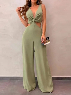 Plain Full Längd Sexig Dam Slim Mid Midja Jumpsuit