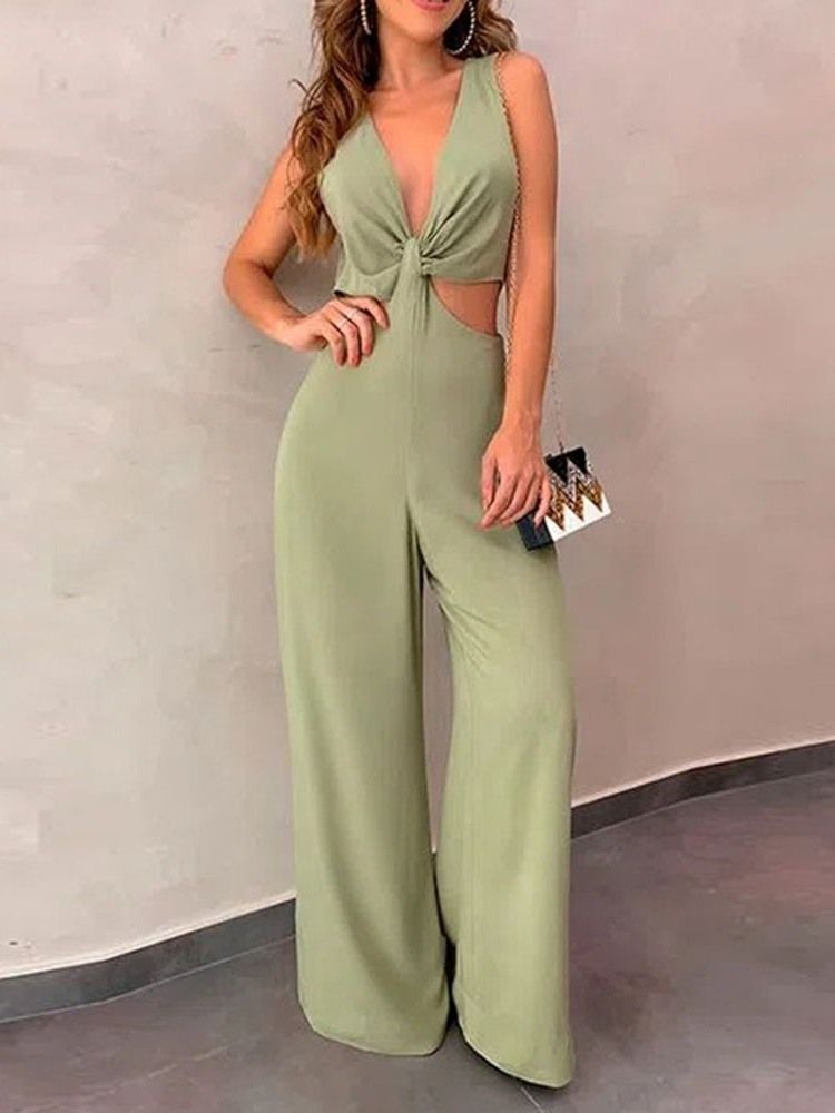 Plain Full Längd Sexig Dam Slim Mid Midja Jumpsuit