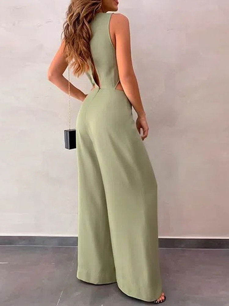 Plain Full Längd Sexig Dam Slim Mid Midja Jumpsuit