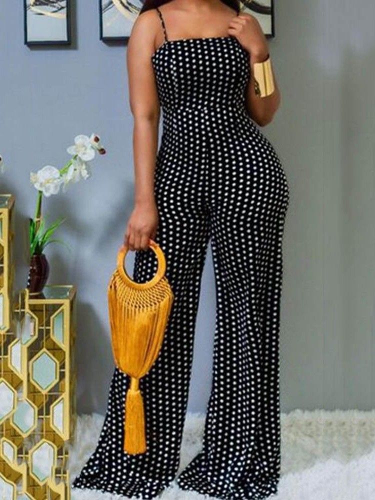 Polka Dots Office Lady Full Length Slim Straight Jumpsuit För Kvinnor