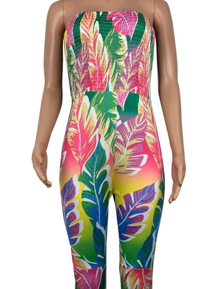 Print Ankel Längd Floral Slim Bellbottoms Jumpsuit För Kvinnor