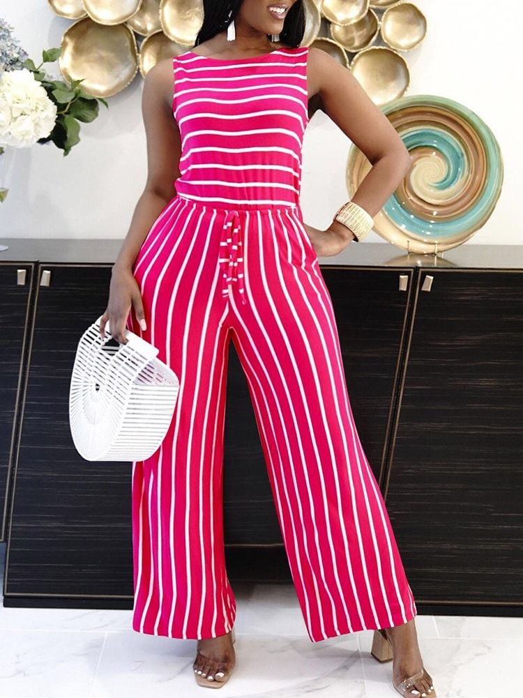 Stripe Office Lady Full Längd Mid Midja Slim Jumpsuit För Kvinnor