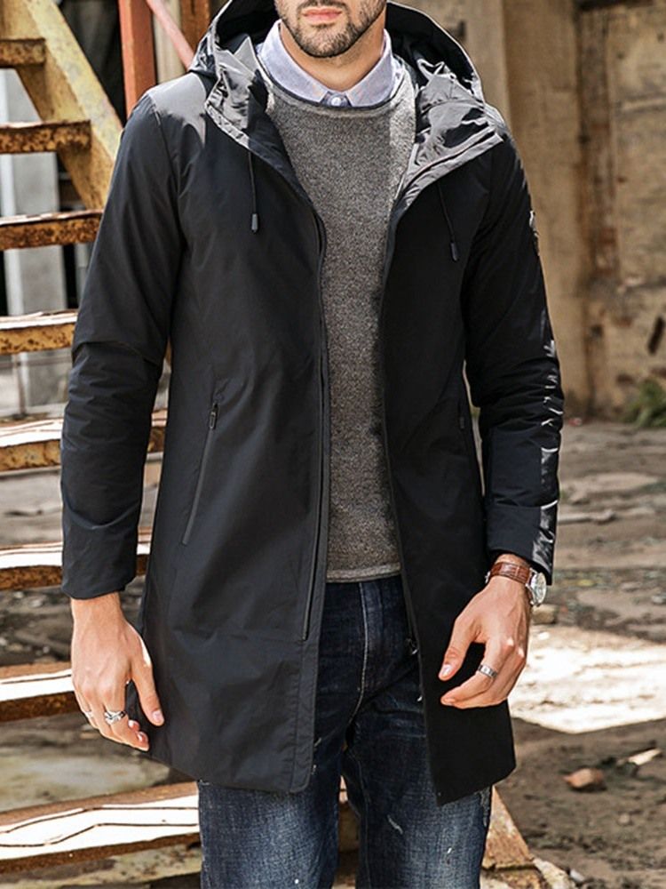 Hooded Zipper Plain Loose Casual Men's Trench Coat