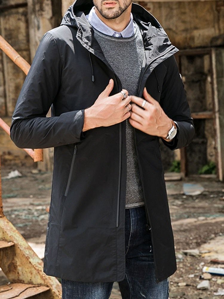 Hooded Zipper Plain Loose Casual Men's Trench Coat