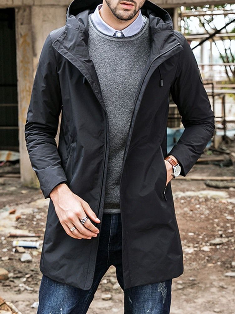 Hooded Zipper Plain Loose Casual Men's Trench Coat