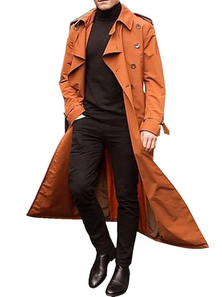 Lapel Long Button Plain European Trench Coat För Män