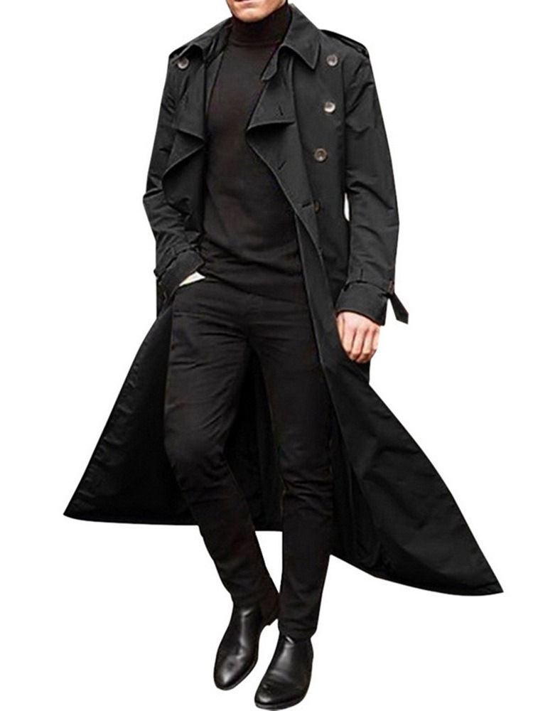 Lapel Long Button Plain European Trench Coat För Män