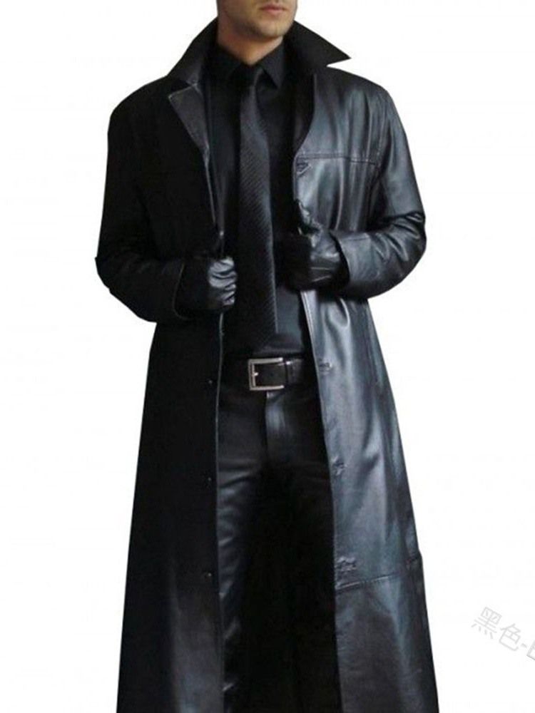 Long Lapel Plain Single-breasted Men's Slim Leather Jacket